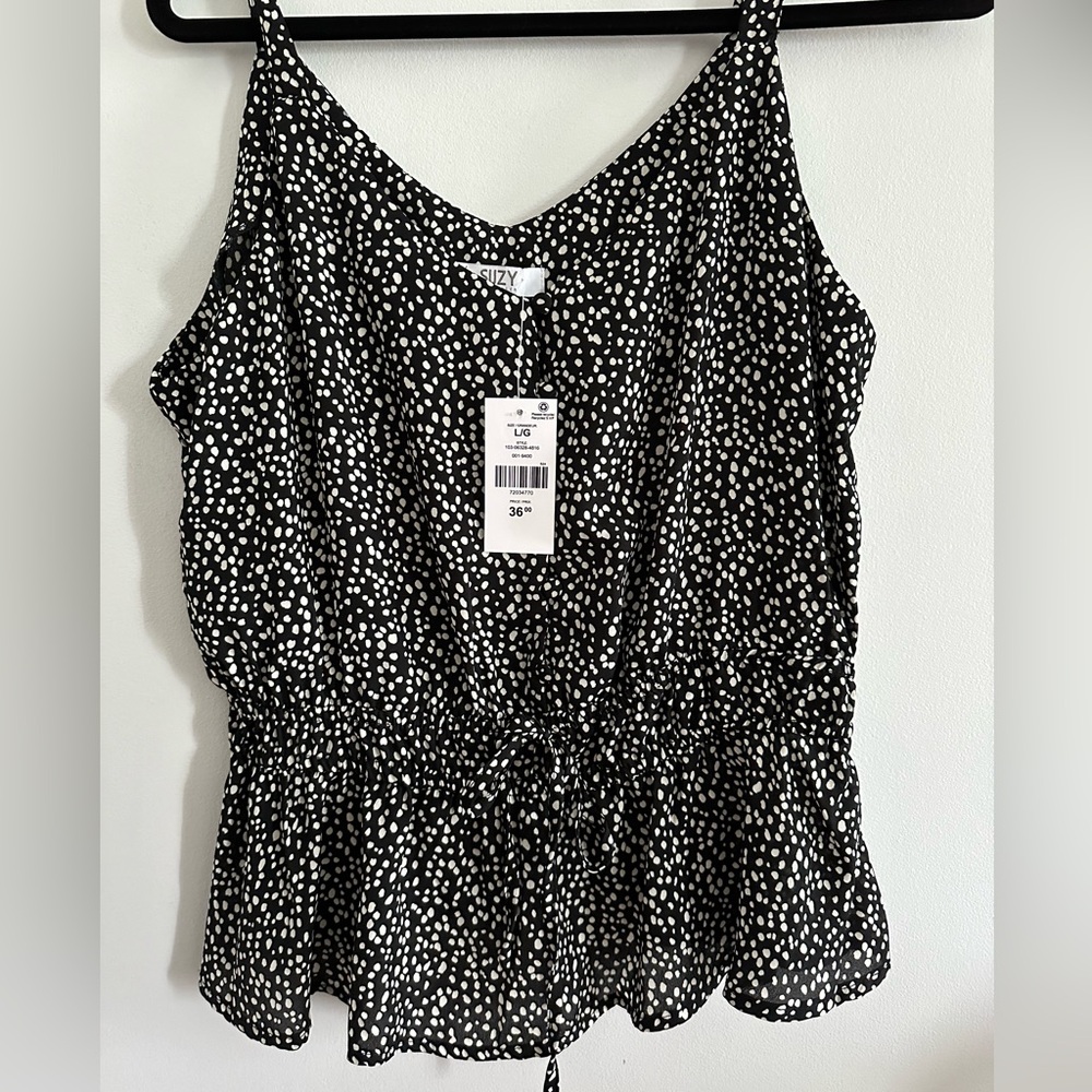 Suzy Shier Black and White Smocked Tie Front Camisole